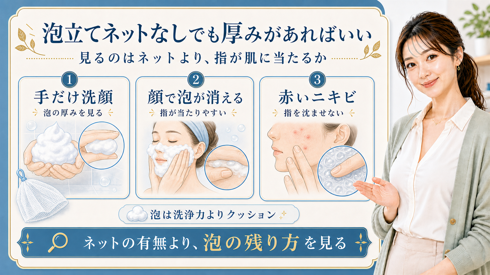 泡立てネットなし洗顔を泡の厚み・指の当たり・赤いニキビで分ける解説ボード