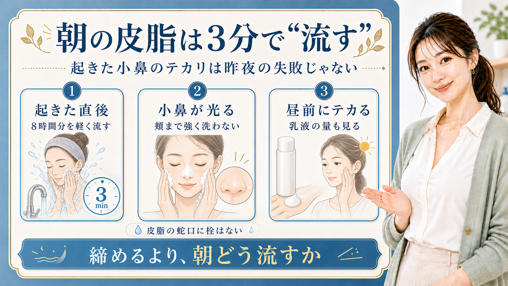 朝の皮脂対策を起きた直後・小鼻が光る時・昼前にテカる時で分ける解説ボード