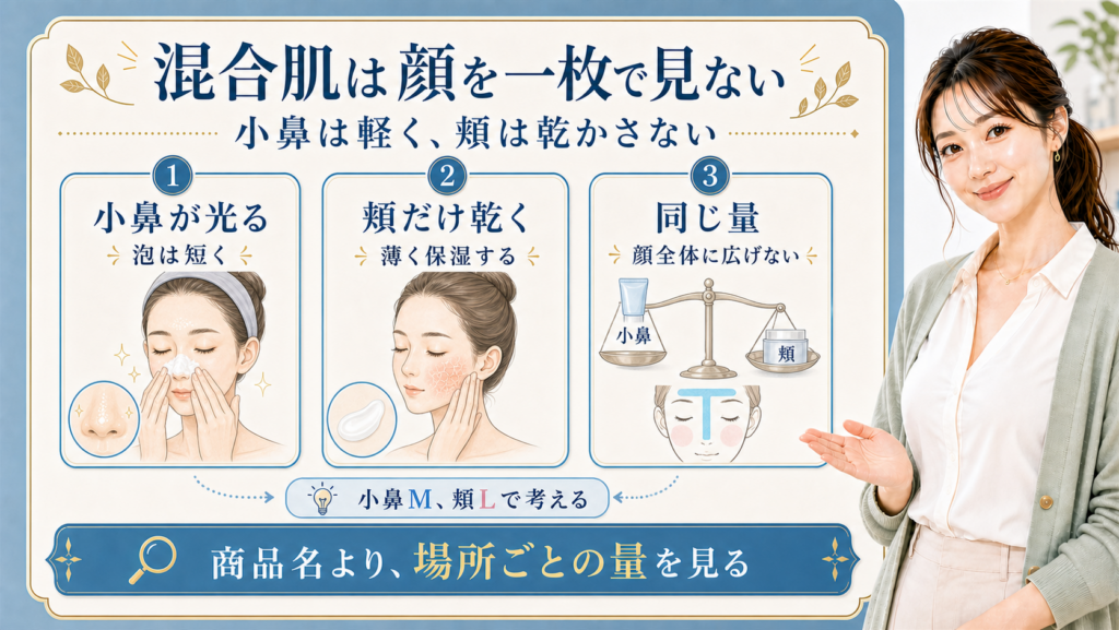 混合肌スキンケアを小鼻のテカり・頬だけ乾く日・同じ量の塗り方で分ける解説ボード