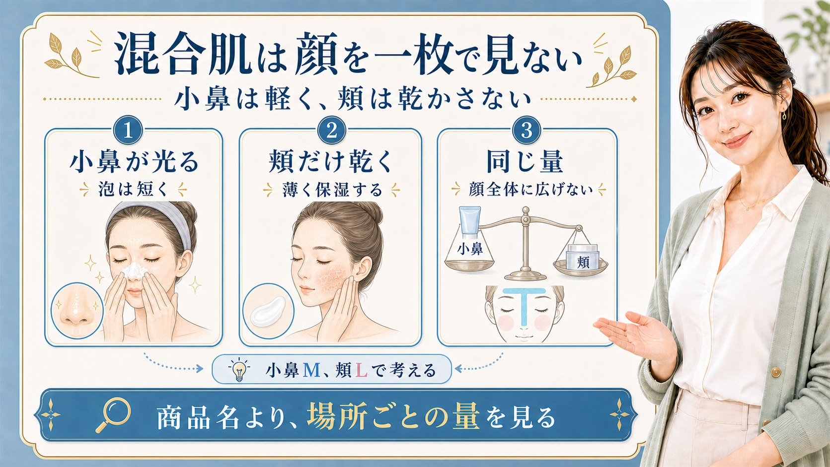 混合肌スキンケアを小鼻のテカり・頬だけ乾く日・同じ量の塗り方で分ける解説ボード
