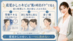 夜更かし後のニキビを翌朝テカる時・同じ場所に出る時・赤い朝で分ける解説ボード