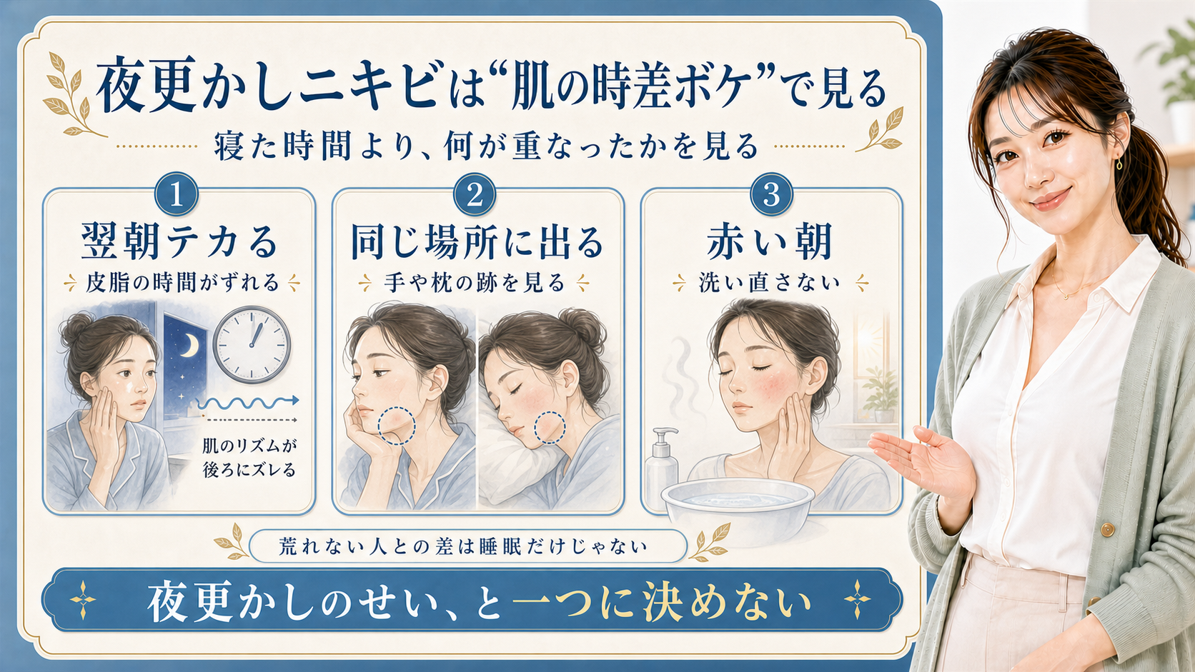 夜更かし後のニキビを翌朝テカる時・同じ場所に出る時・赤い朝で分ける解説ボード