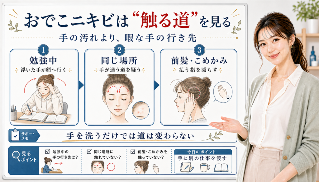 おでこニキビは触る道を見る。勉強中の手の行き先、同じ場所への接触、前髪やこめかみを払う指を確認する図解。