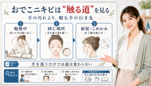 おでこニキビは触る道を見る。勉強中の手の行き先、同じ場所への接触、前髪やこめかみを払う指を確認する図解。