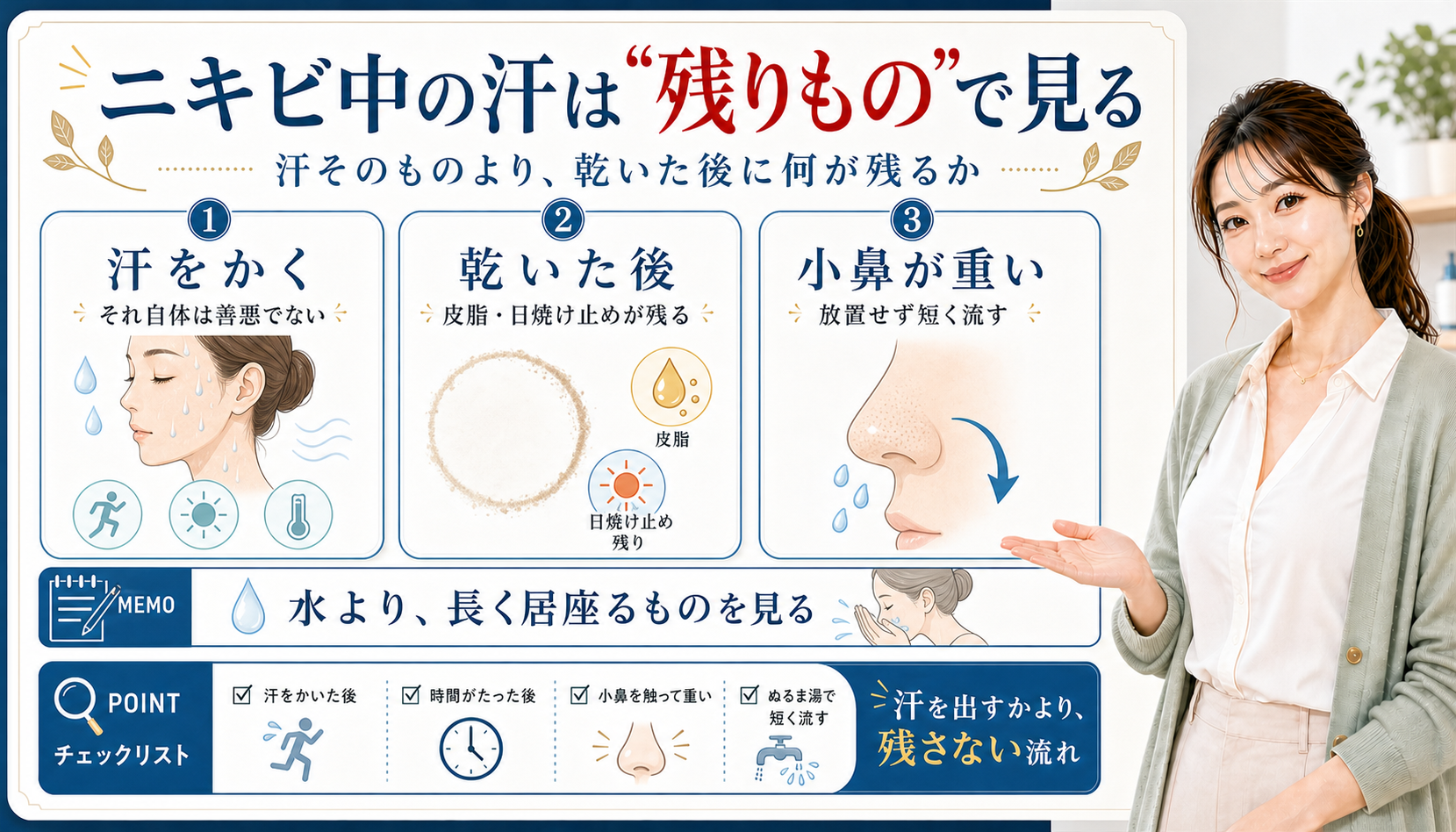 ニキビ中の汗は残りもので見る。汗そのもの、乾いた後の皮脂や日焼け止め、小鼻の重さを確認する図解。