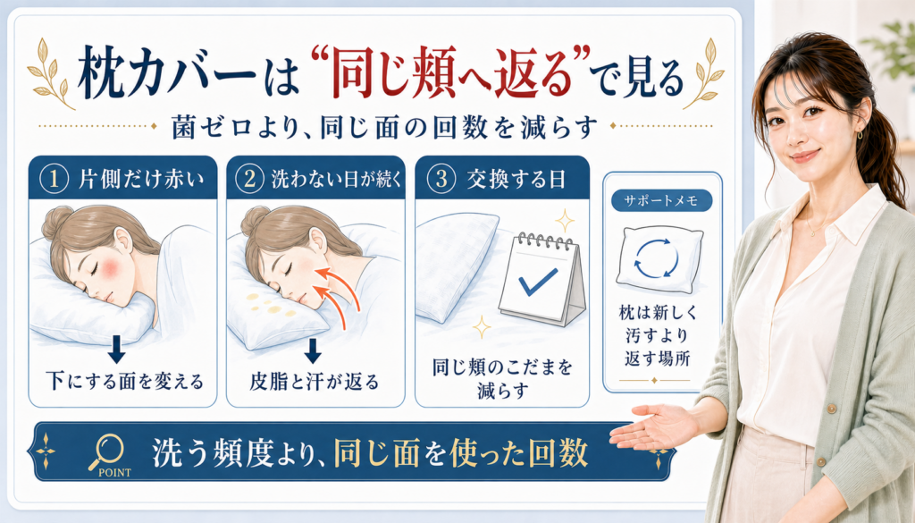 枕カバーは同じ頬へ返るで見る。片側だけ赤い頬、洗わない日、交換する日の見方を示す図解。