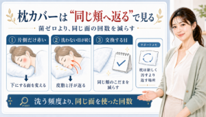 枕カバーは同じ頬へ返るで見る。片側だけ赤い頬、洗わない日、交換する日の見方を示す図解。