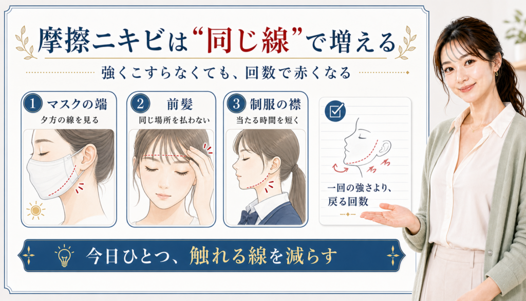 摩擦ニキビは同じ線で増える。マスクの端、前髪、制服の襟による同じ線への接触を示す図解。