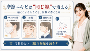 摩擦ニキビは同じ線で増える。マスクの端、前髪、制服の襟による同じ線への接触を示す図解。