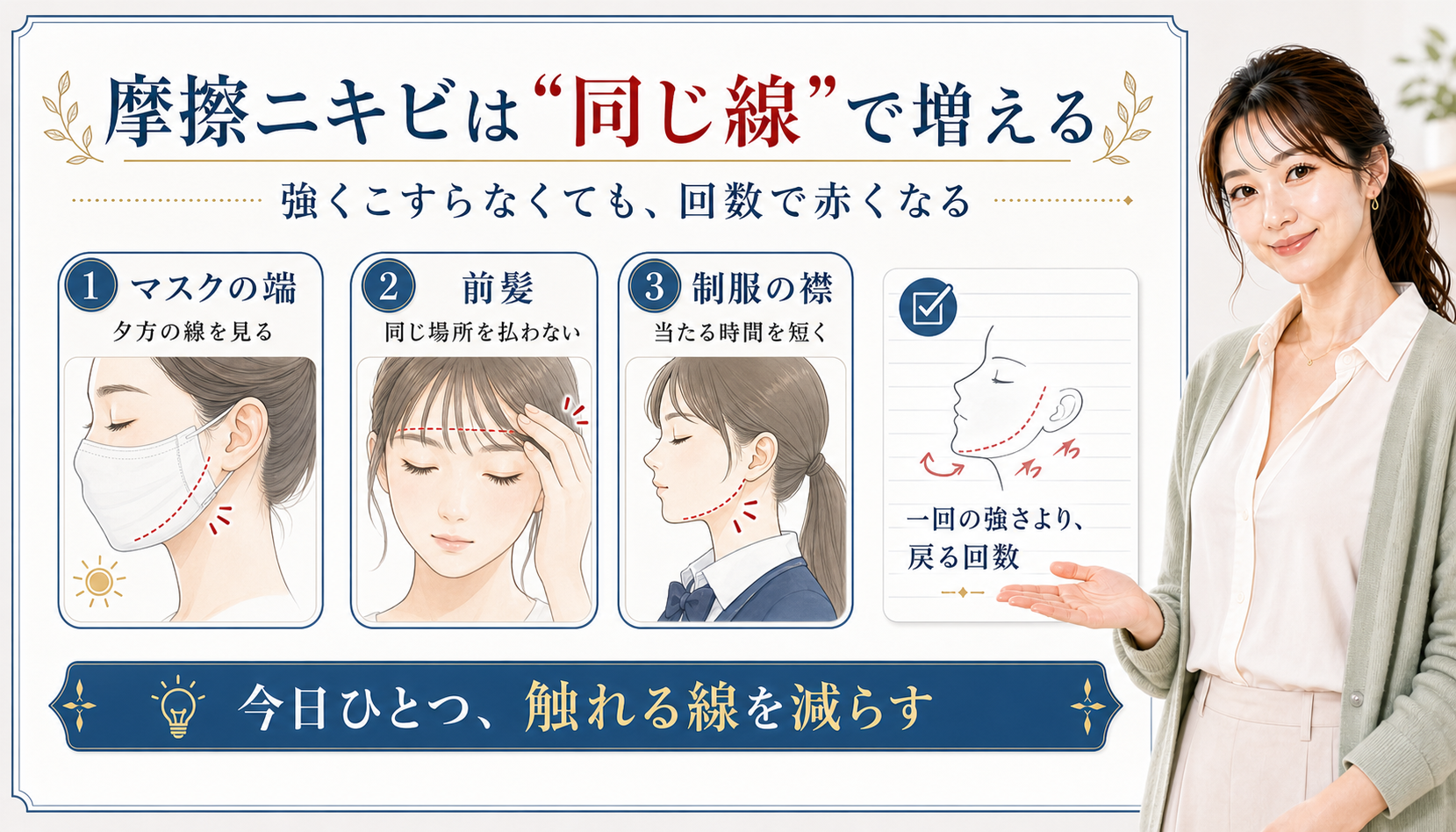 摩擦ニキビは同じ線で増える。マスクの端、前髪、制服の襟による同じ線への接触を示す図解。