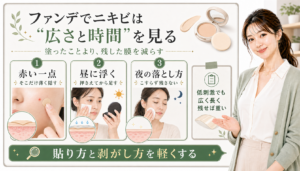 ファンデでニキビは広さと時間を見る。赤い一点、昼の浮き、夜の落とし方を確認する図解。