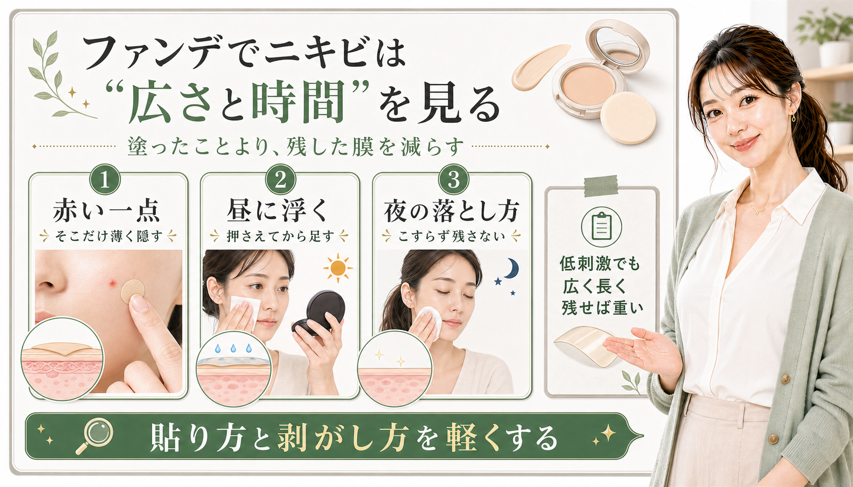 ファンデでニキビは広さと時間を見る。赤い一点、昼の浮き、夜の落とし方を確認する図解。
