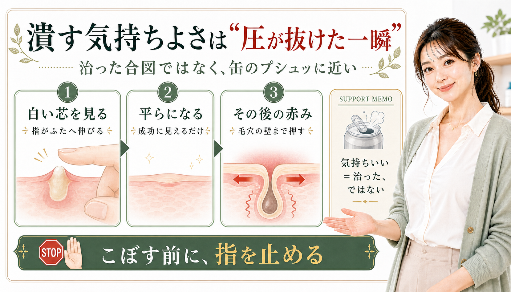 潰す気持ちよさは圧が抜けた一瞬。白い芯、平らになる瞬間、その後の赤みと毛穴の壁への負担を示す図解。
