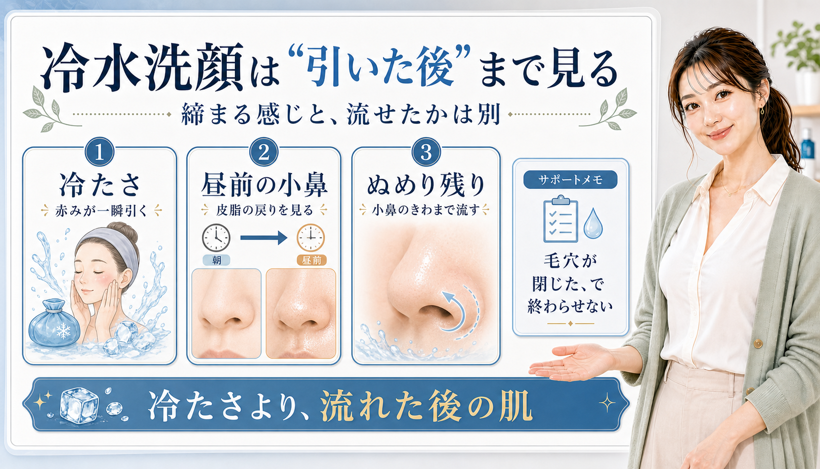 冷水洗顔は引いた後まで見る。冷たさ、昼前の小鼻、ぬめり残りを確認する図解。
