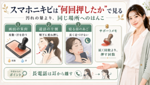 スマホニキビは何回押したかで見る。画面の皮脂や汗、通話の片側、寝る前のあごへの接触を示す図解。