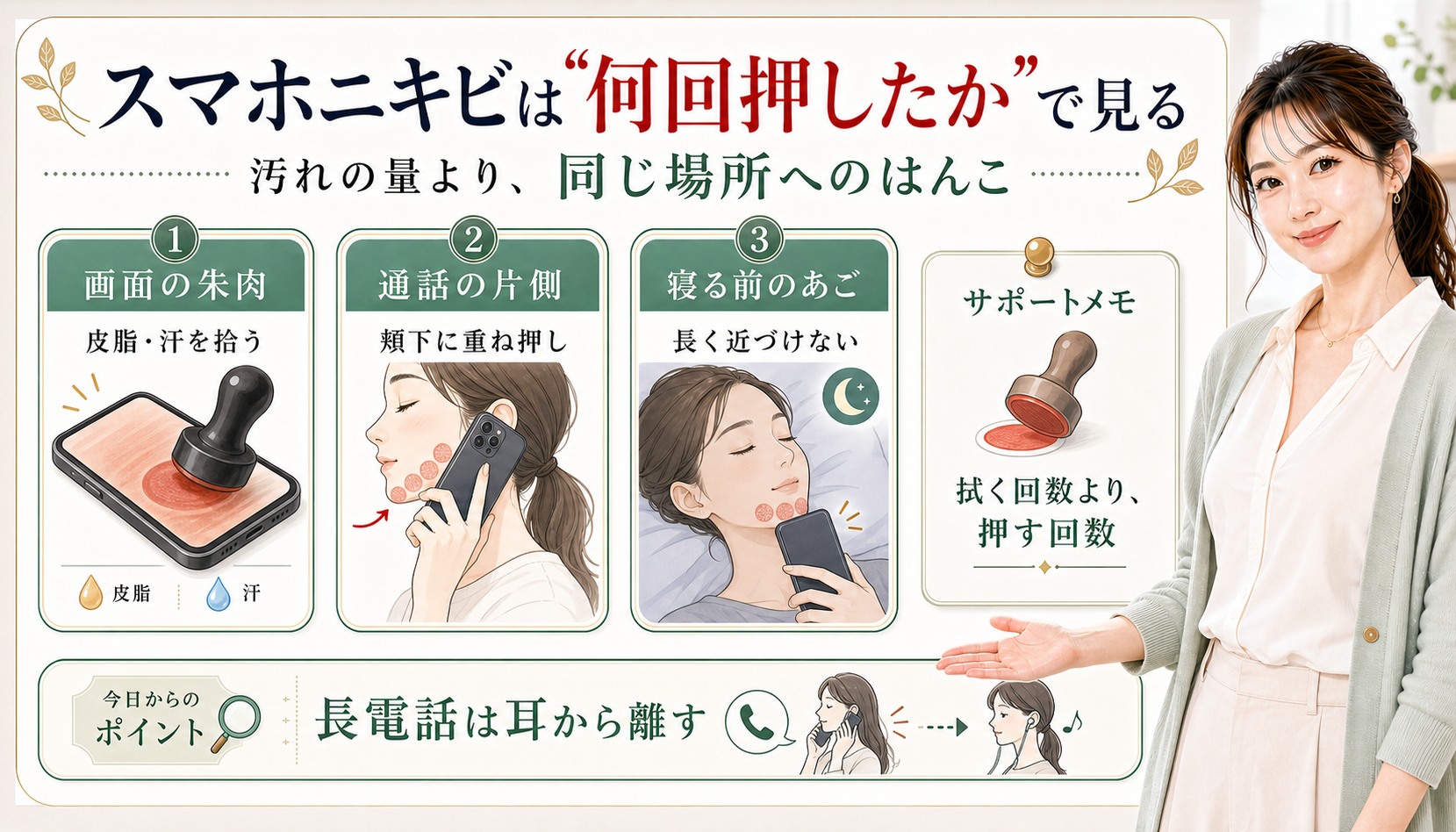 スマホニキビは何回押したかで見る。画面の皮脂や汗、通話の片側、寝る前のあごへの接触を示す図解。