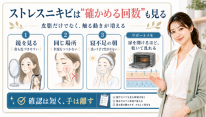ストレスニキビは確かめる回数も見る。鏡を見る、同じ場所を触る、寝不足の朝の洗いすぎを確認する図解。