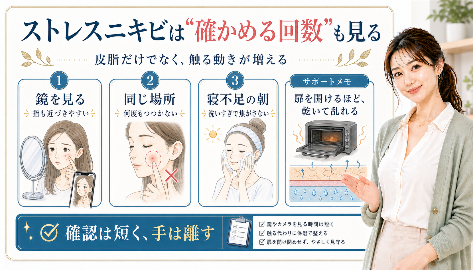 ストレスニキビは確かめる回数も見る。鏡を見る、同じ場所を触る、寝不足の朝の洗いすぎを確認する図解。