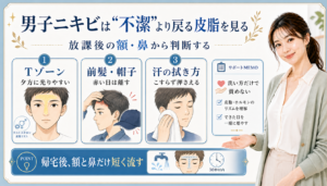 男子ニキビは不潔より戻る皮脂を見る。Tゾーン、前髪や帽子、汗の拭き方を確認する図解。