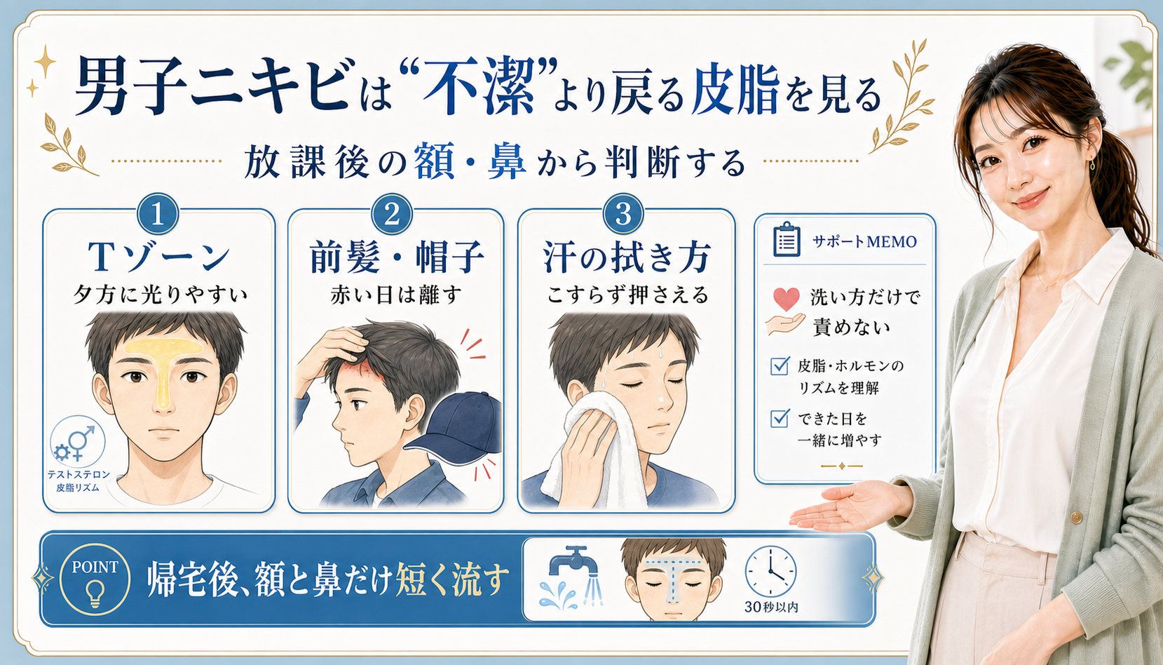 男子ニキビは不潔より戻る皮脂を見る。Tゾーン、前髪や帽子、汗の拭き方を確認する図解。