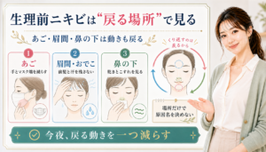 生理前ニキビは戻る場所で見る。あご、眉間・おでこ、鼻の下に戻る動きを確認する図解。