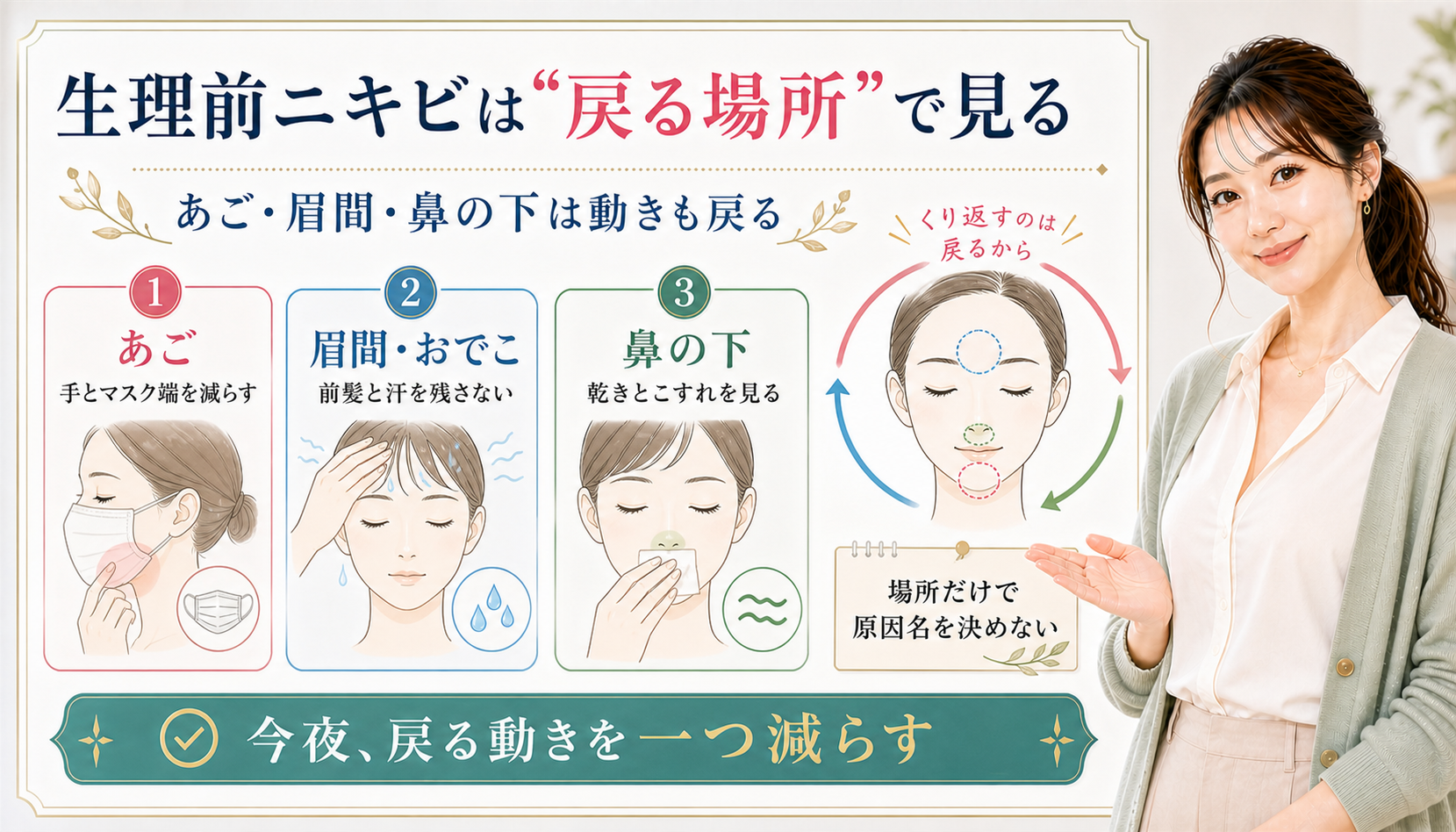 生理前ニキビは戻る場所で見る。あご、眉間・おでこ、鼻の下に戻る動きを確認する図解。