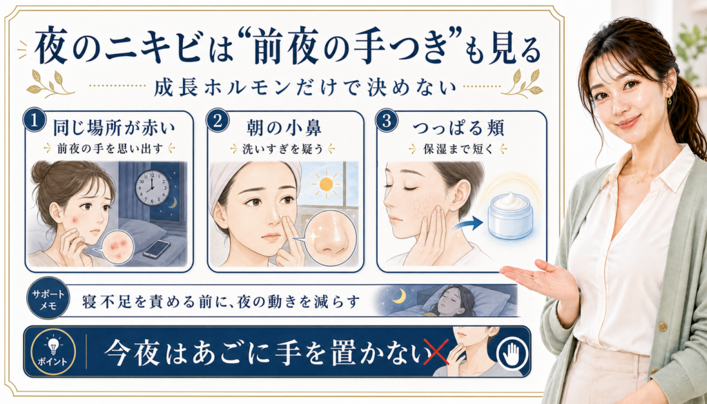 夜のニキビは前夜の手つきも見る。同じ場所の赤み、朝の小鼻、つっぱる頬を確認する図解。