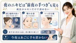 夜のニキビは前夜の手つきも見る。同じ場所の赤み、朝の小鼻、つっぱる頬を確認する図解。