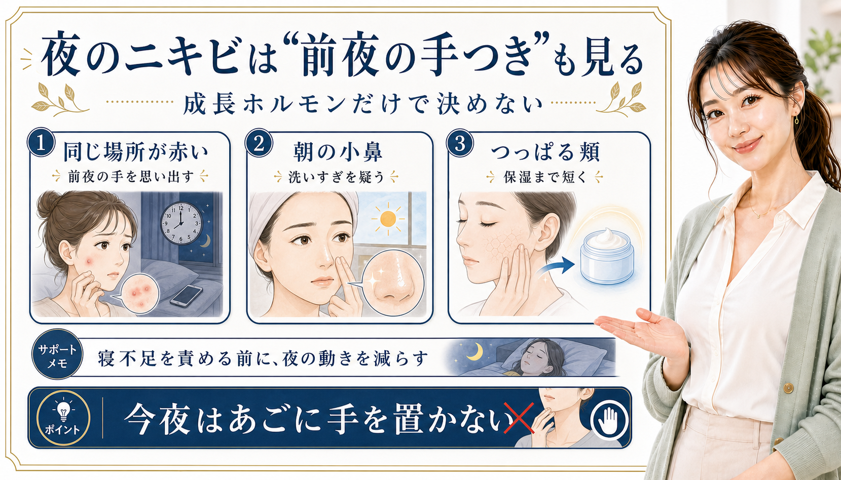 夜のニキビは前夜の手つきも見る。同じ場所の赤み、朝の小鼻、つっぱる頬を確認する図解。