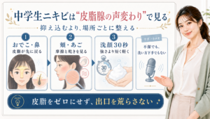 中学生ニキビは皮脂腺の声変わりで見る。おでこ・鼻、頬・あご、洗顔30秒を確認する図解。