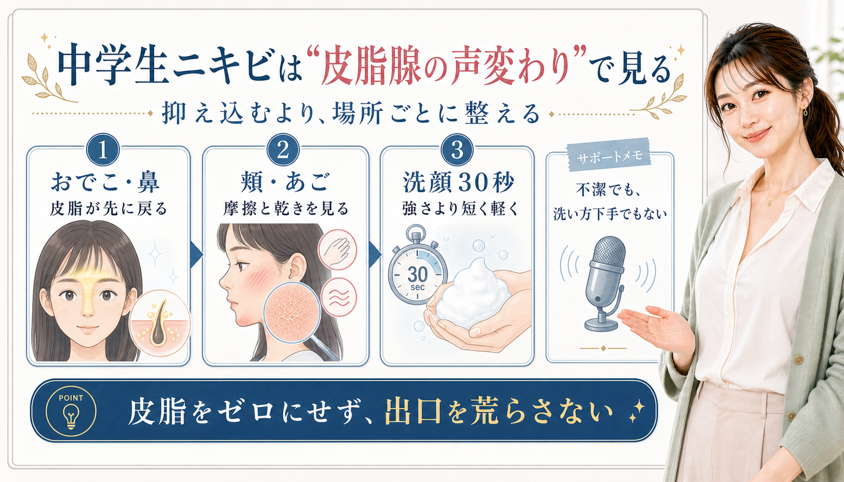 中学生ニキビは皮脂腺の声変わりで見る。おでこ・鼻、頬・あご、洗顔30秒を確認する図解。