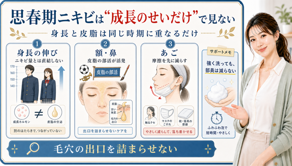 思春期ニキビは成長のせいだけで見ない。身長の伸び、額・鼻の皮脂、あごの摩擦を確認する図解。