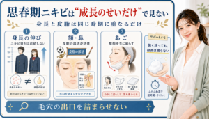 思春期ニキビは成長のせいだけで見ない。身長の伸び、額・鼻の皮脂、あごの摩擦を確認する図解。