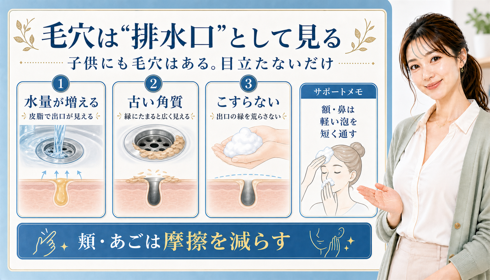 毛穴は排水口として見る。水量が増える、古い角質、こすらないケアを確認する図解。