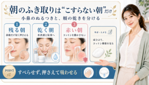 朝のふき取りはこすらない朝だけ。残る朝、乾く朝、赤い朝とコットン摩擦を確認する図解。