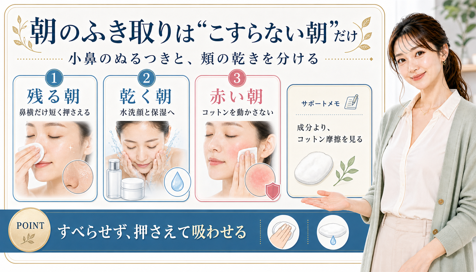 朝のふき取りはこすらない朝だけ。残る朝、乾く朝、赤い朝とコットン摩擦を確認する図解。