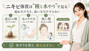 ニキビ体質は種と水やりで見る。遺伝の種、水のやり方、痛む赤みの相談目安を示す図解。