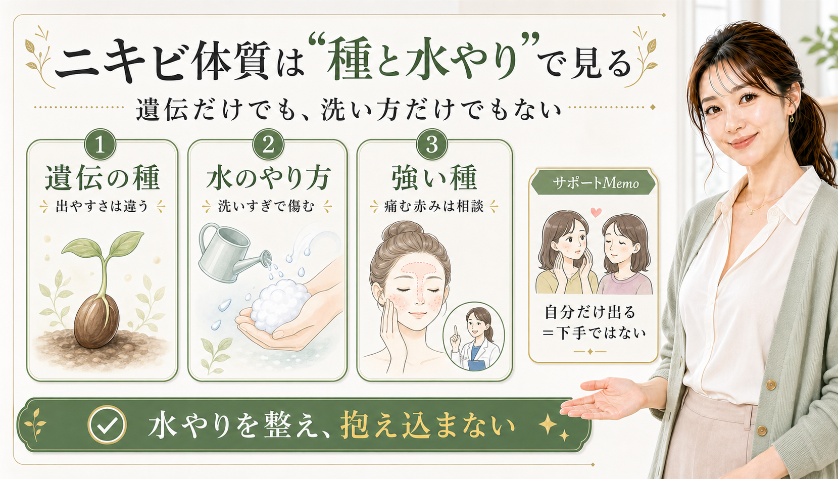 ニキビ体質は種と水やりで見る。遺伝の種、水のやり方、痛む赤みの相談目安を示す図解。
