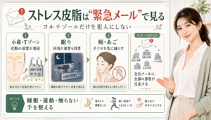 ストレス皮脂は緊急メールで見る。小鼻・Tゾーン、眠り、頬・あごの手ぐせを確認する図解。