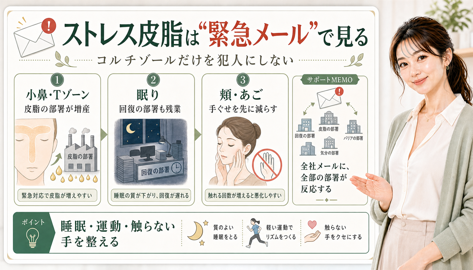 ストレス皮脂は緊急メールで見る。小鼻・Tゾーン、眠り、頬・あごの手ぐせを確認する図解。