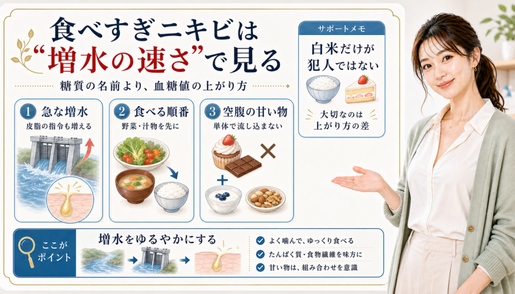 食べすぎニキビは増水の速さで見る。急な増水、食べる順番、空腹の甘い物を確認する図解。