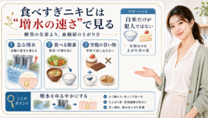 食べすぎニキビは増水の速さで見る。急な増水、食べる順番、空腹の甘い物を確認する図解。