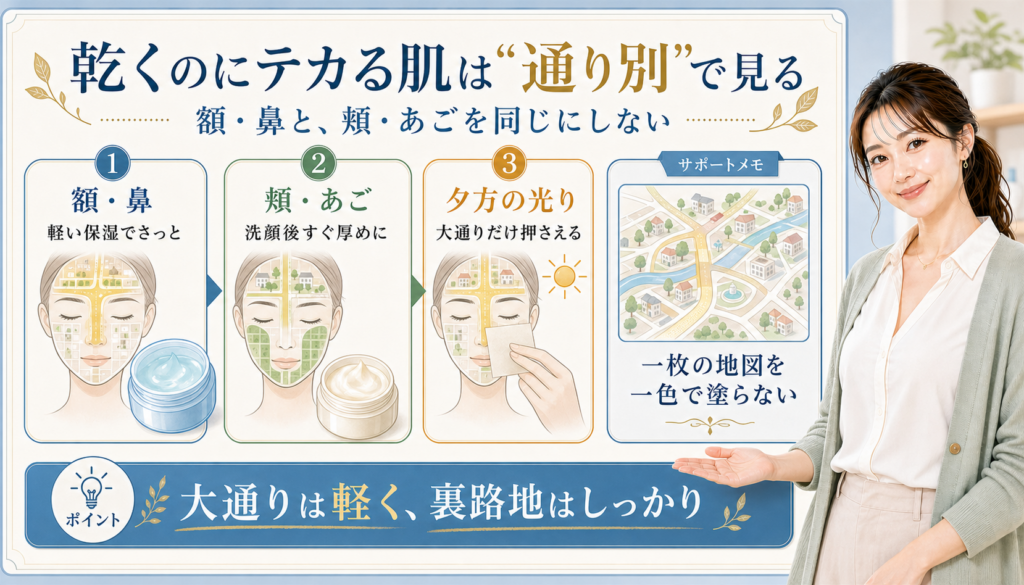 乾くのにテカる肌は通り別で見る。額・鼻、頬・あご、夕方の光りを分けて確認する図解。