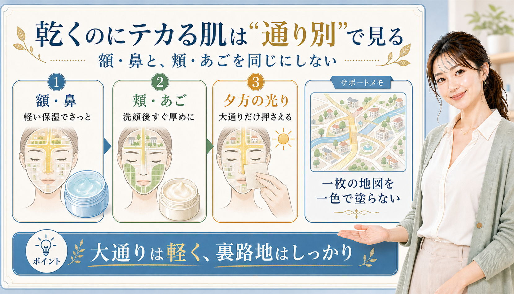 乾くのにテカる肌は通り別で見る。額・鼻、頬・あご、夕方の光りを分けて確認する図解。