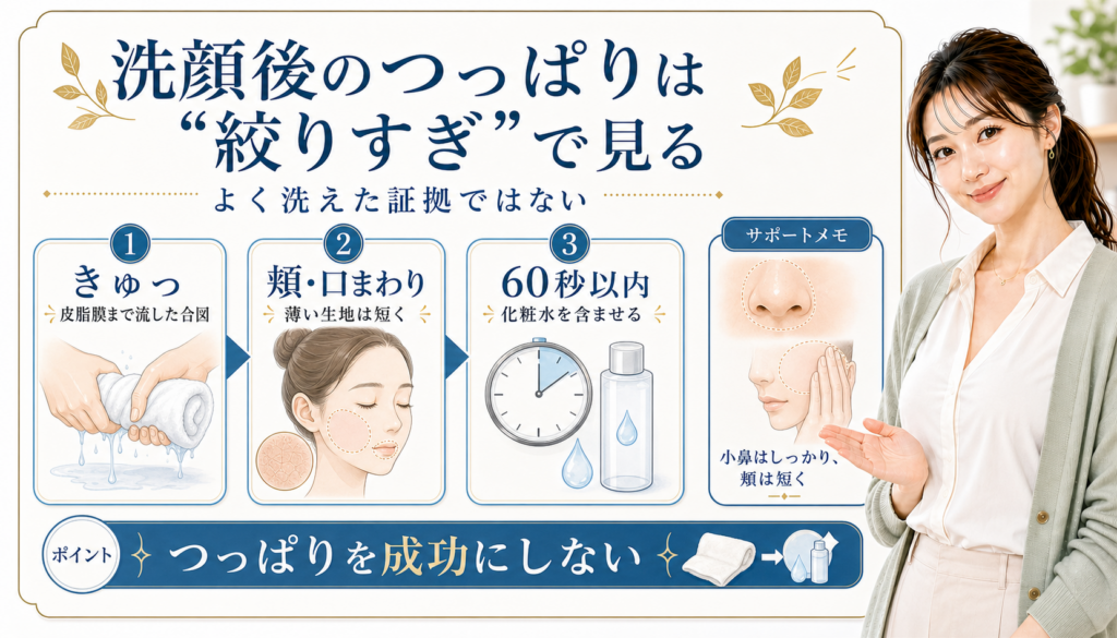 洗顔後のつっぱりは絞りすぎで見る。きゅっとする感覚、頬・口まわり、60秒以内の保湿を確認する図解。