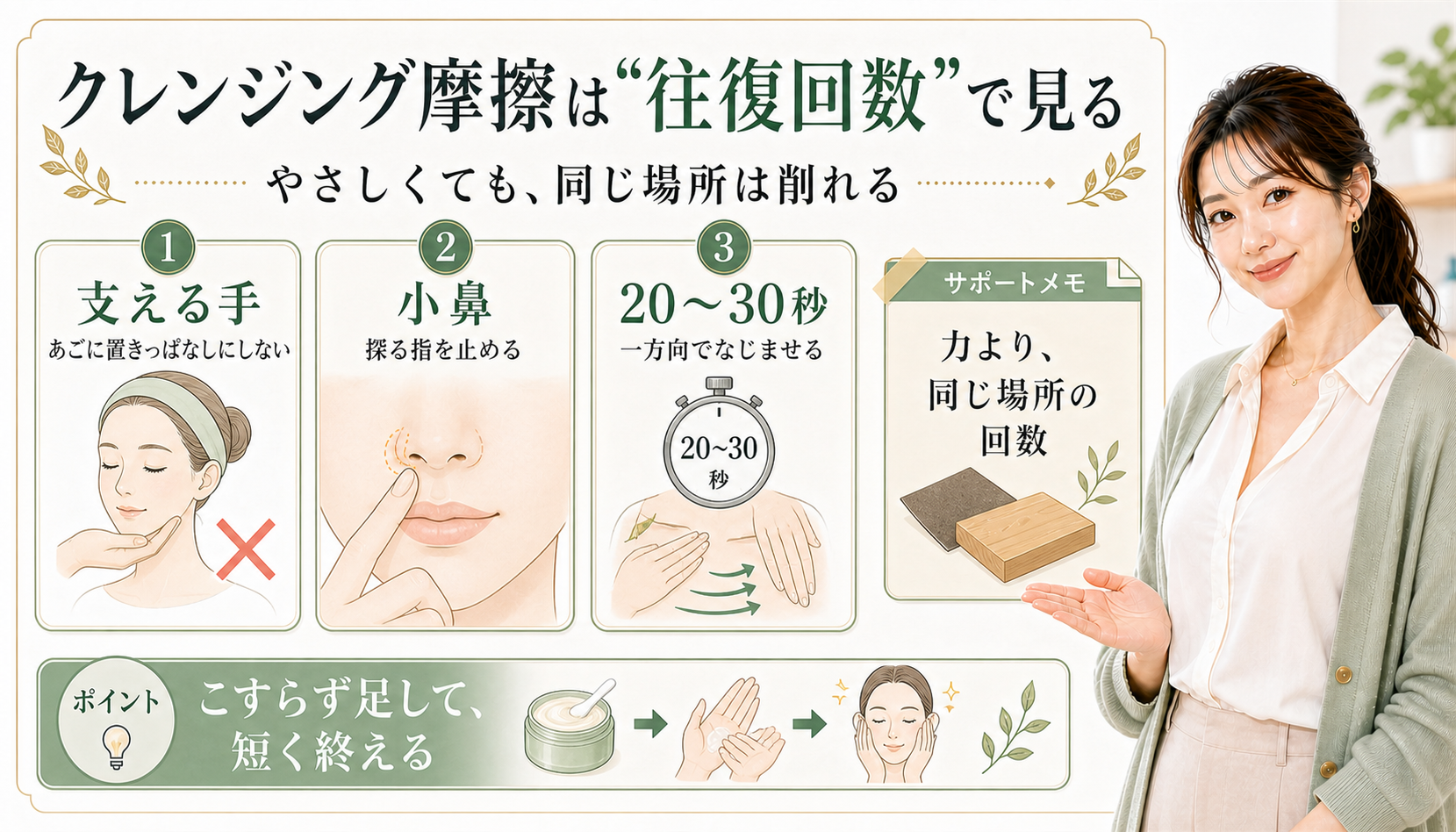 クレンジング摩擦は往復回数で見る。支える手、小鼻を探る指、20〜30秒の一方向なじませを確認する図解。
