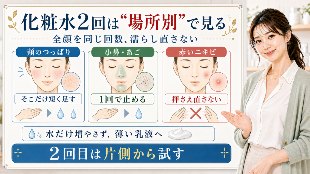 化粧水2回は場所別で見る。頬のつっぱり、小鼻・あご、赤いニキビを分けて重ねづけを確認する図解。