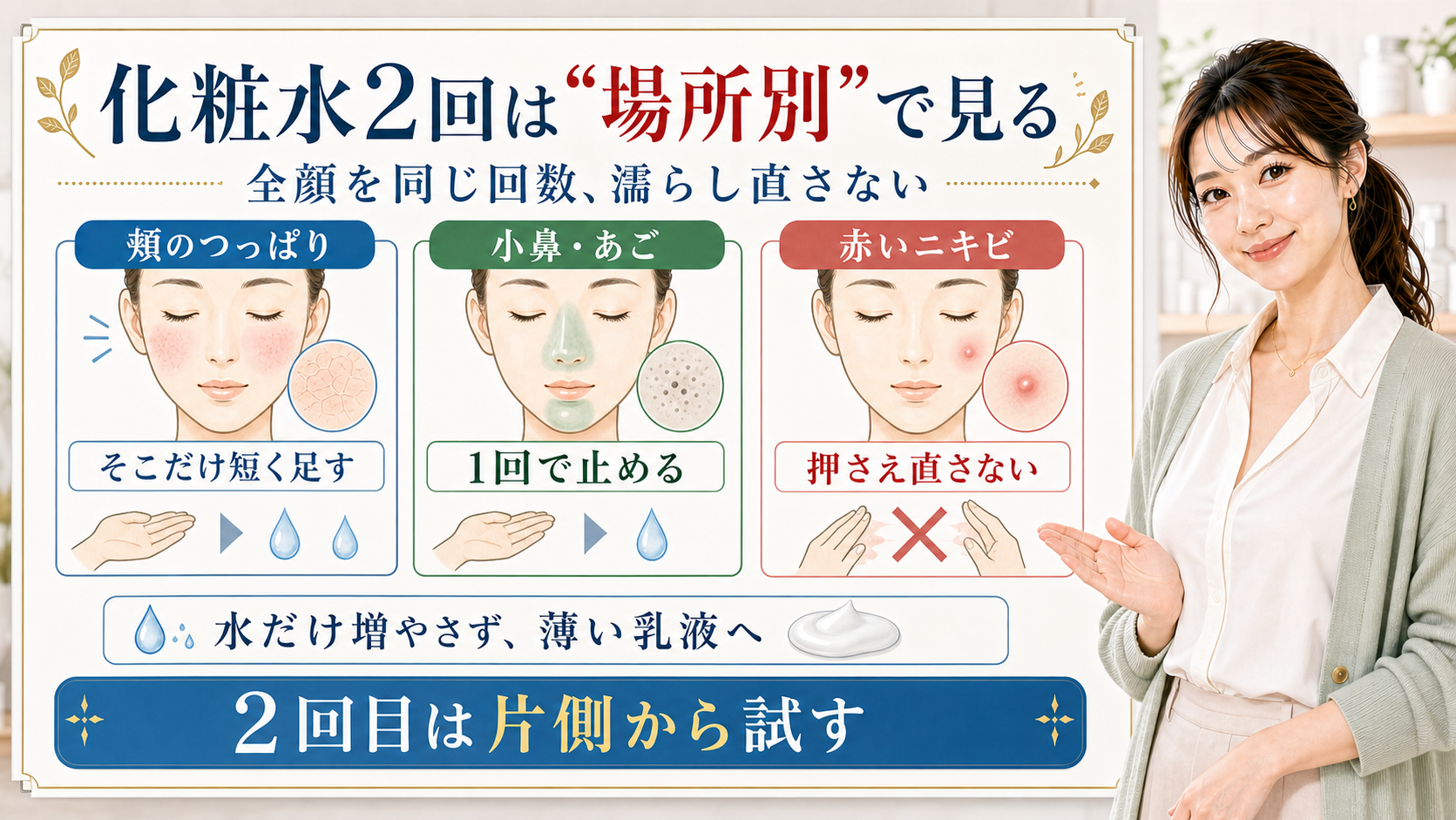 化粧水2回は場所別で見る。頬のつっぱり、小鼻・あご、赤いニキビを分けて重ねづけを確認する図解。