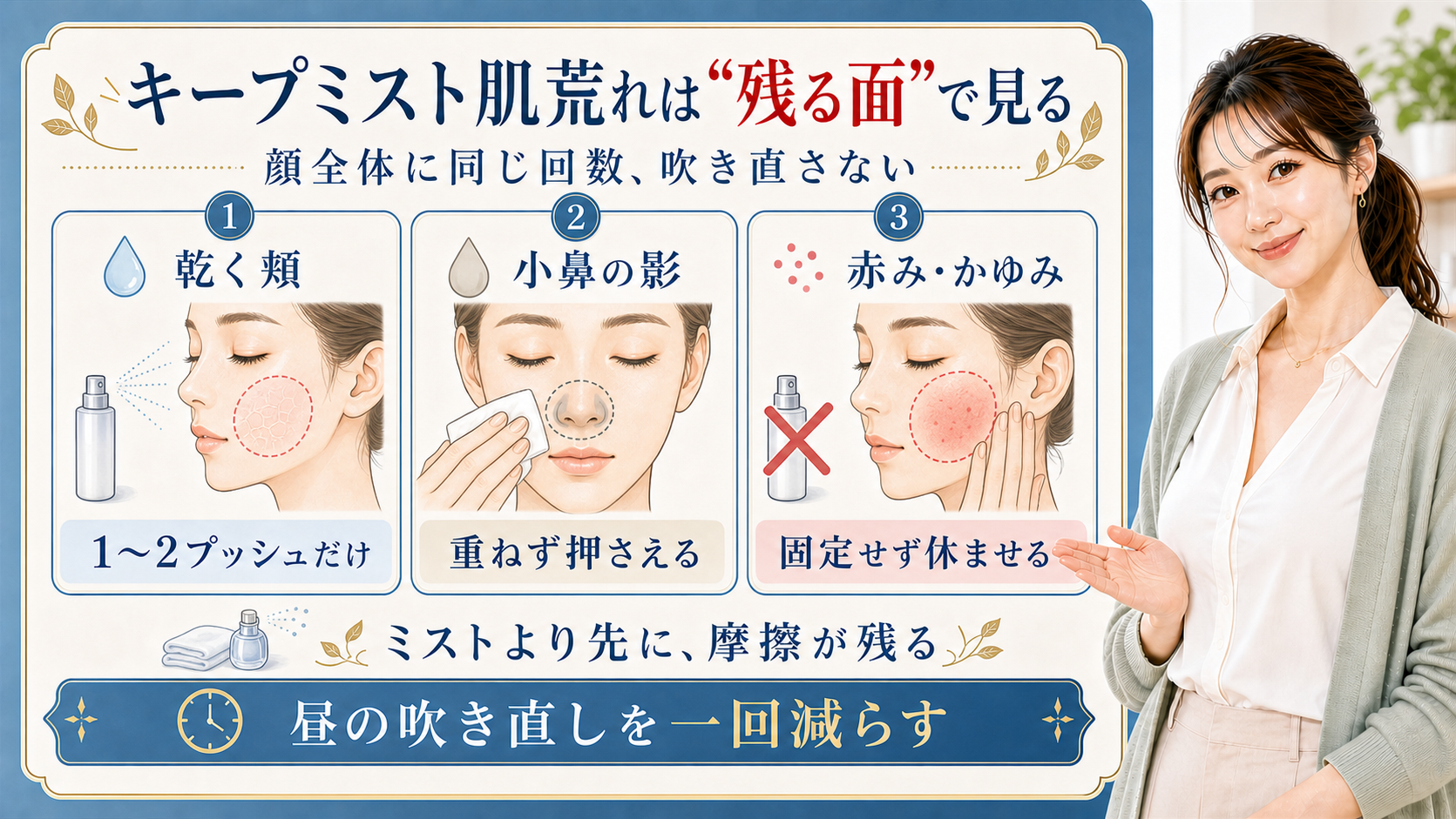 キープミスト肌荒れは残る面で見る。乾く頬、小鼻の影、赤み・かゆみを分けて吹き直しを確認する図解。