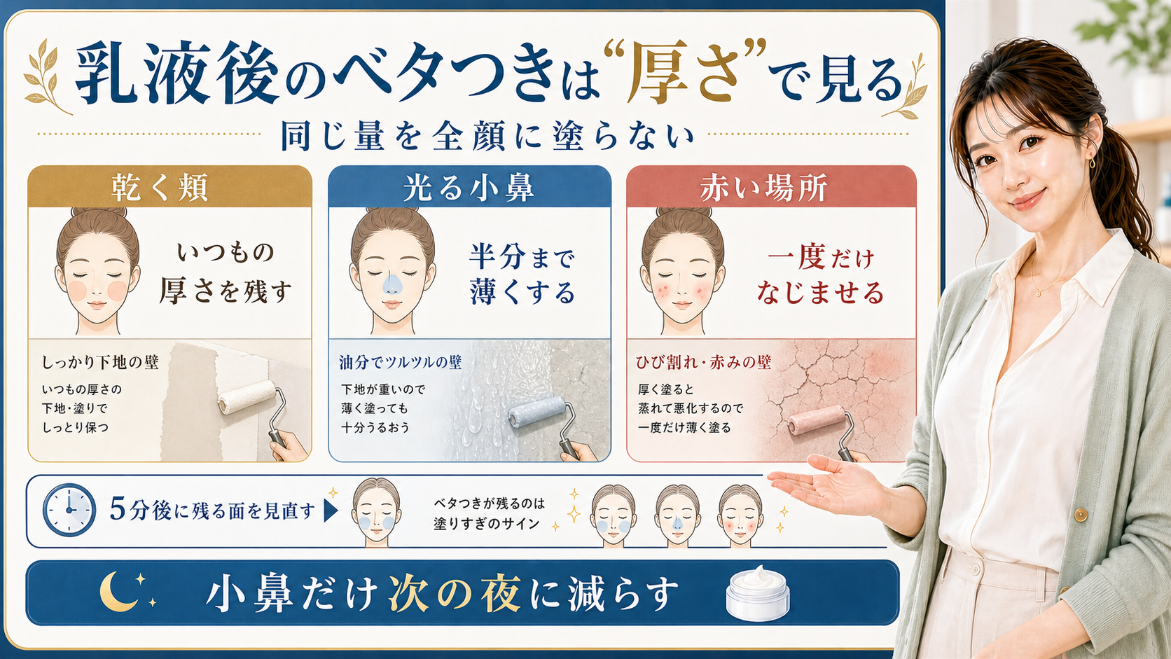 乳液後のベタつきは厚さで見る。乾く頬、光る小鼻、赤い場所を分けて乳液の量を確認する図解。